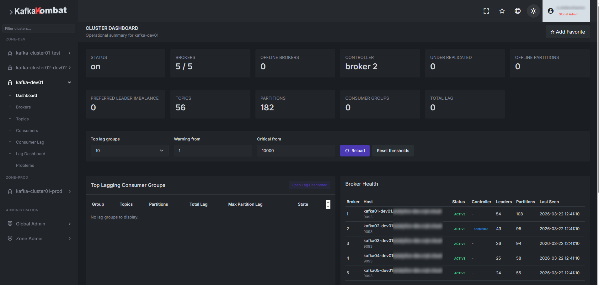 KafkaKombat dashboard in dark theme