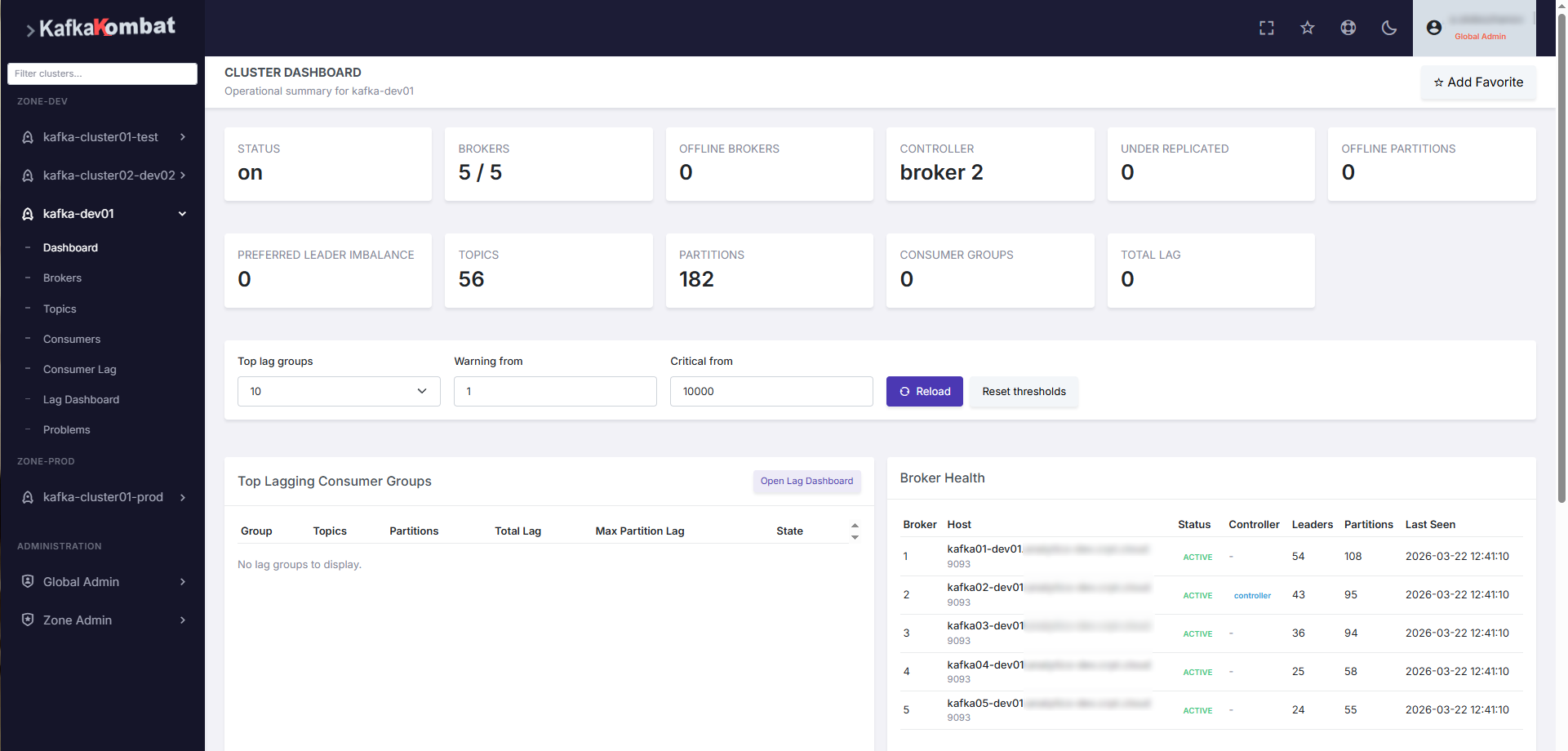 KafkaKombat dashboard in light theme