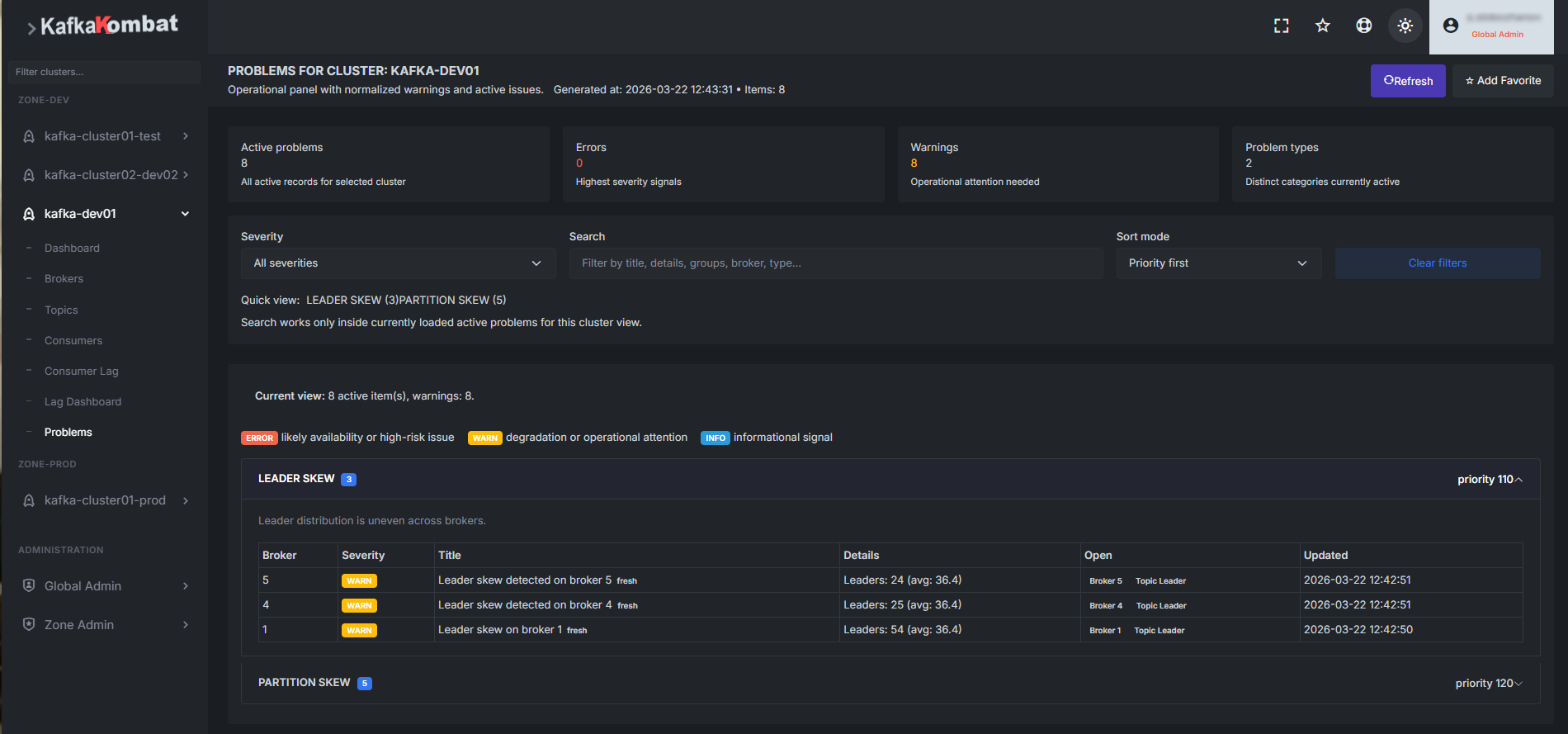 KafkaKombat problems view in dark theme