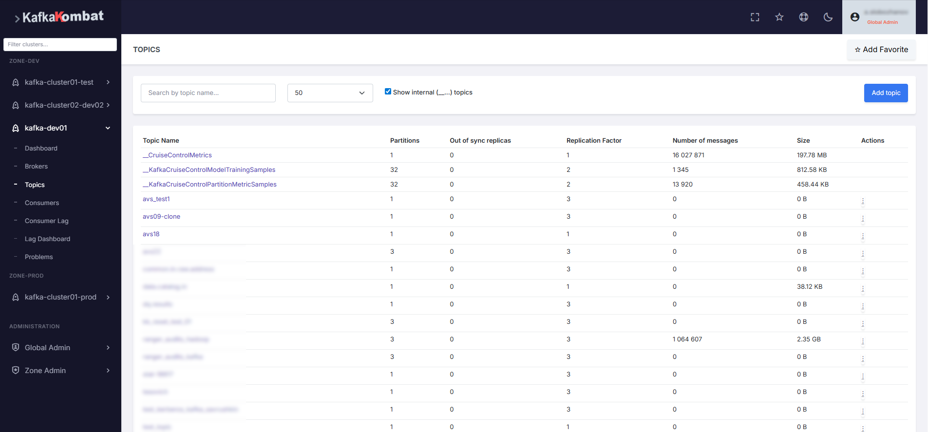 KafkaKombat topics view in light theme